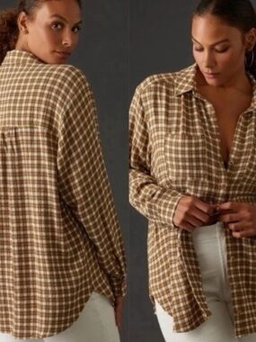 Pilcro Brown and Cream Plaid Button-Down Shirt